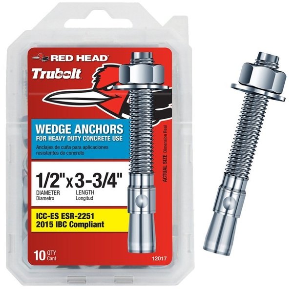 Red Head Wedge Anchor, 1/4" Dia., 3-3/4" L, Steel Zinc Plated, 10 PK 12017